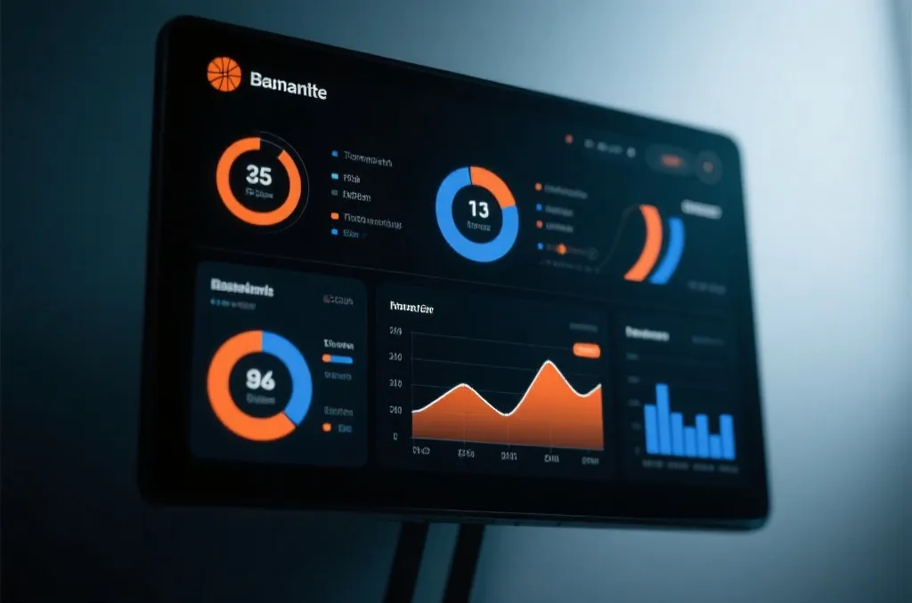 An abstract digital screen displaying basketball statistical charts and graphs, clean minimalist interface, dark background with orange and blue highlights