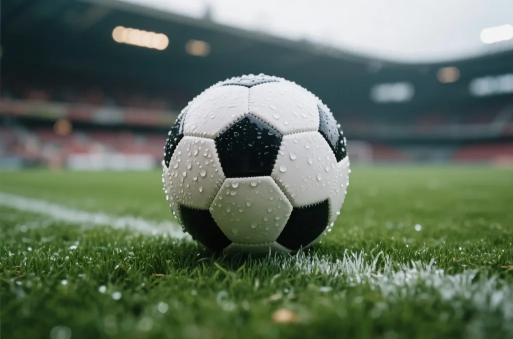 A close-up of a classic soccer ball on a lush green grass pitch under soft lighting